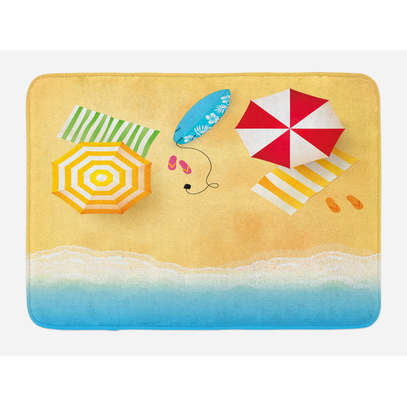East Urban Home Ambesonne Beach Bath Mat by, Beach Waves with Umbrella